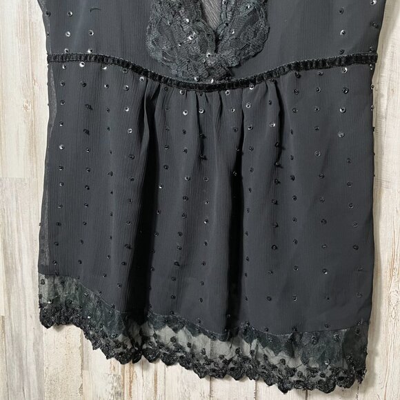 Vintage Y2k Wet Seal Deadstock Black Mesh Sequin Babydoll Top Womens Size Medium - Picture 3 of 4